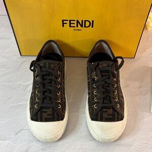 Fendi Domino FF Jacquard Sneakers Tabacco Nero Brown Black Logo Size 40